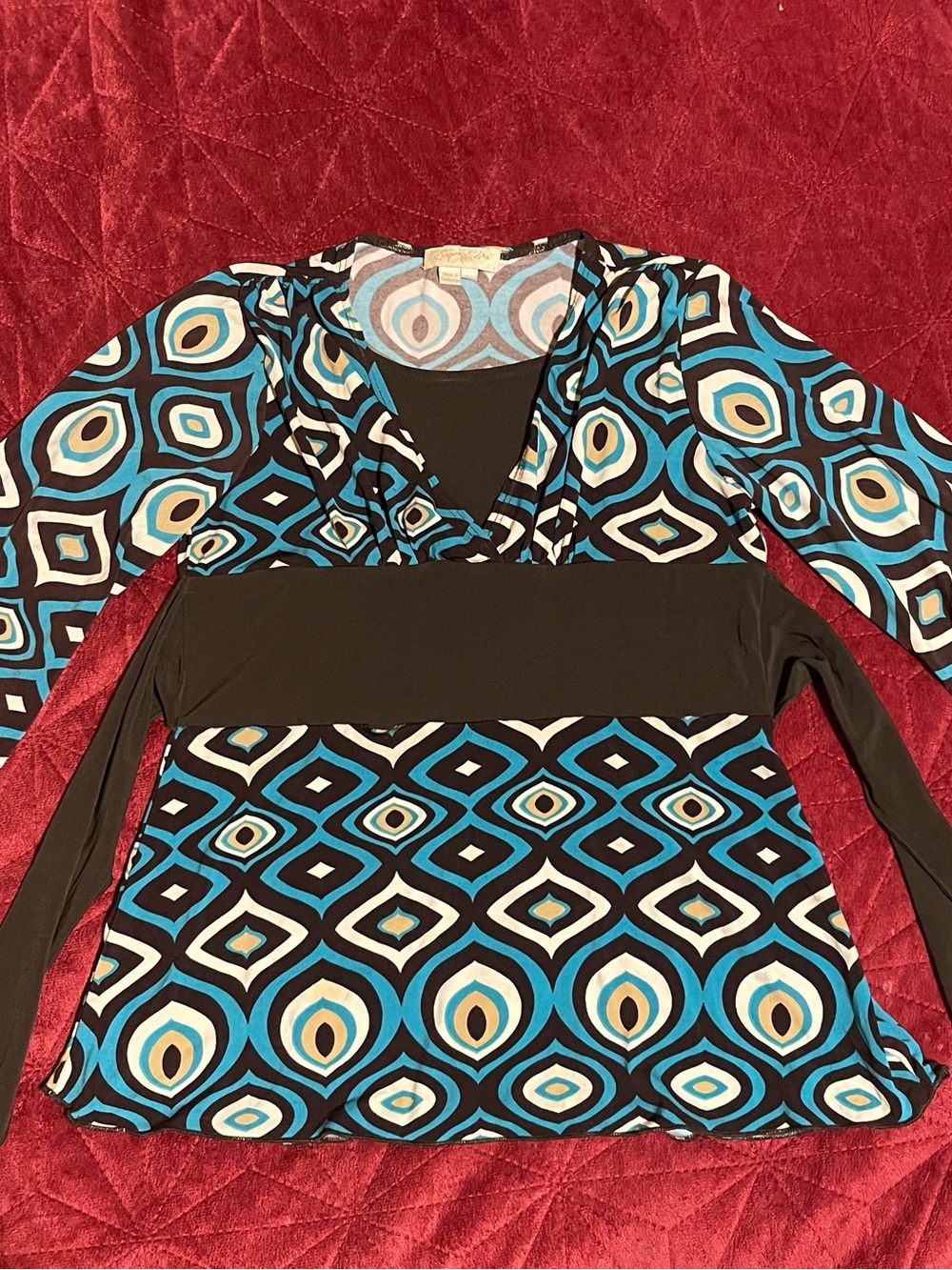 Vintage Y2K Sequin Hearts Blue and Dark Brown Geometric Babydoll Top with Ties